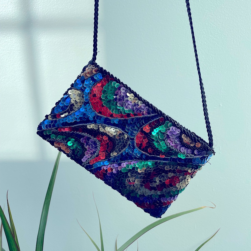 Vintage 90s Sequin & Beaded Abstract Art Swirled Mini Crossbody Bag
